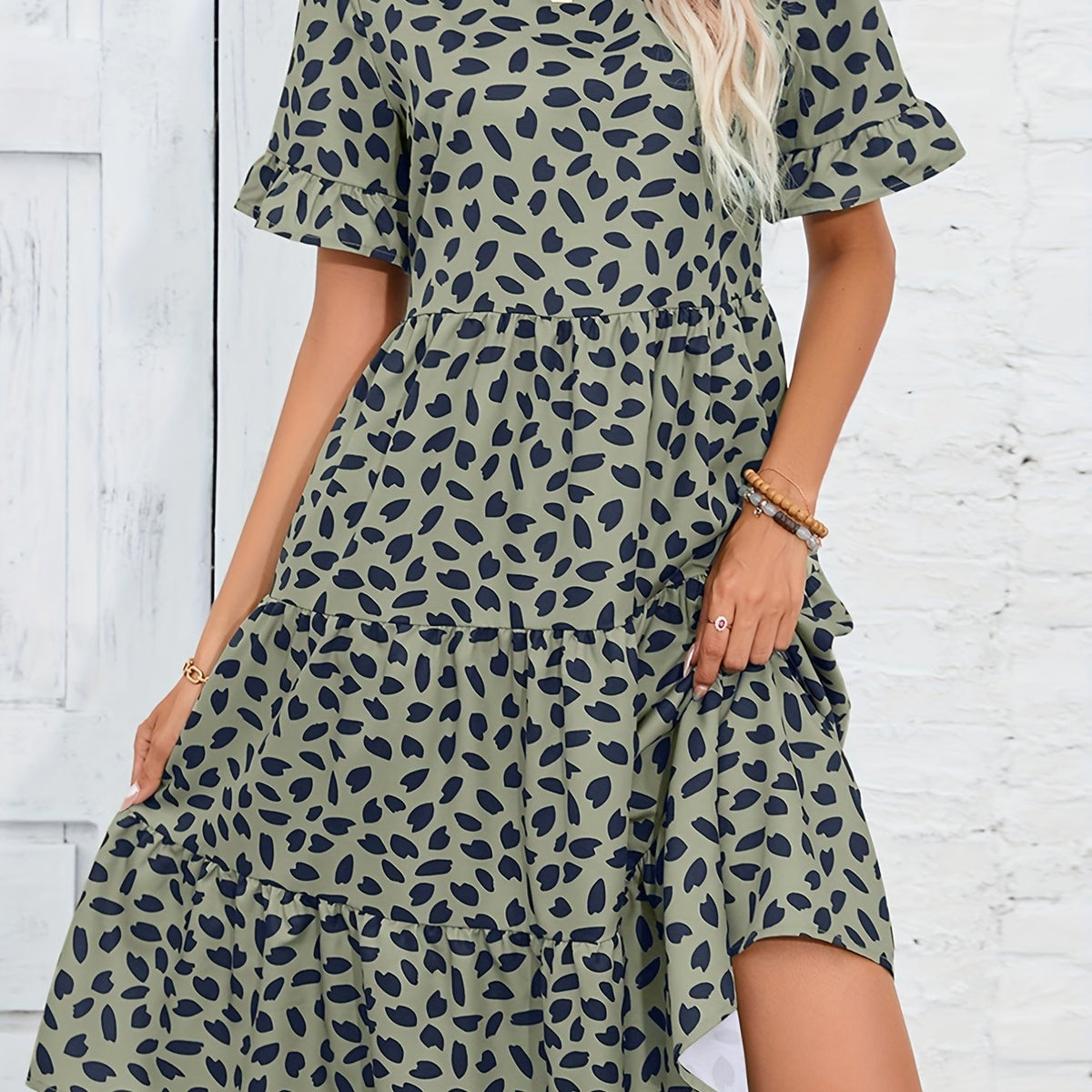 Printed Ruffle Trim Dress Casual Ruched Short Sleeve Dress