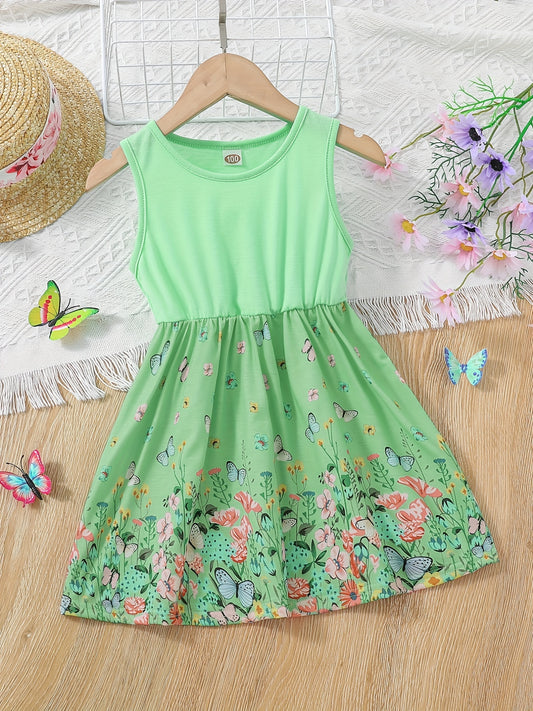 Toddler Girls Sleeveless Butterfly & Flowers Graphic Princess Dress