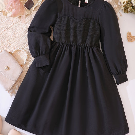 Solid Textured Stitching Long Sleeve Casual Dress For Girls Autumn Outfit