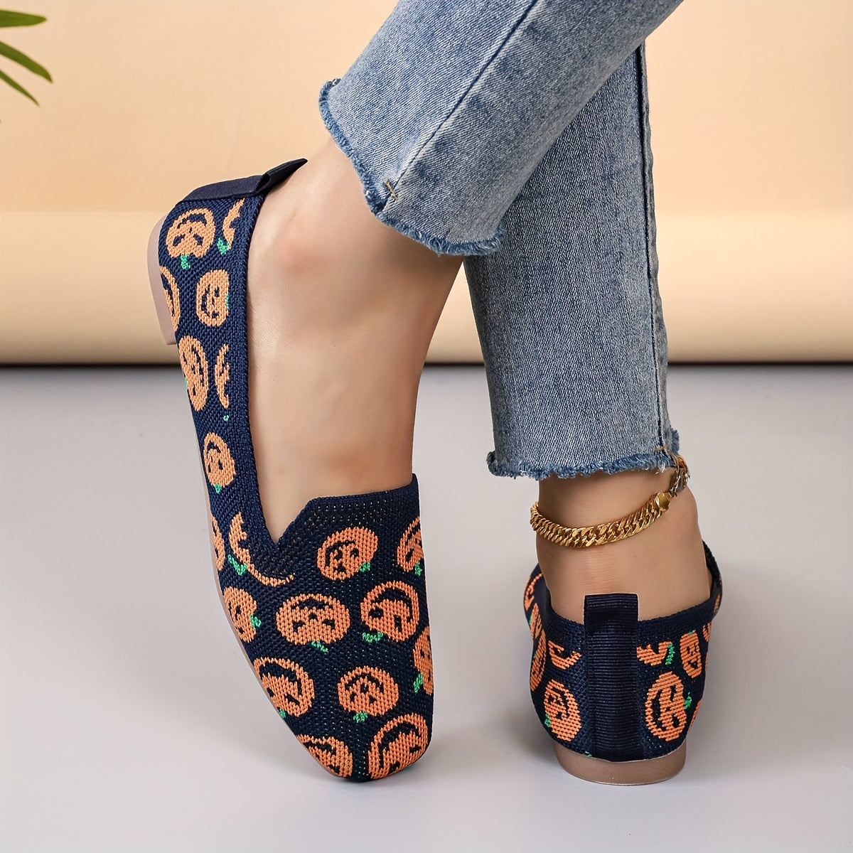 Women's Pumpkin Print Flat Shoes Breathable Knit Square Toe Shoes