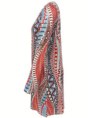  Geometric Print Long Sleeve Round Neck Mini Dress