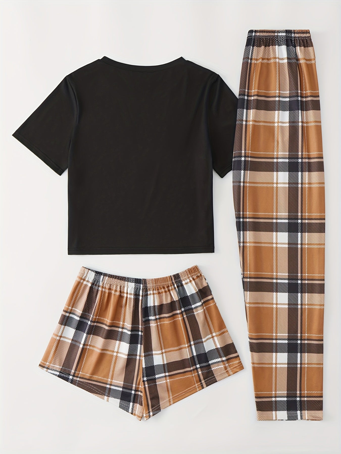 Heart Print Pajama Set Short Sleeve Crew Neck Top & Plaid Shorts & Lounge Pants