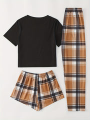 Heart Print Pajama Set Short Sleeve Crew Neck Top & Plaid Shorts & Lounge Pants