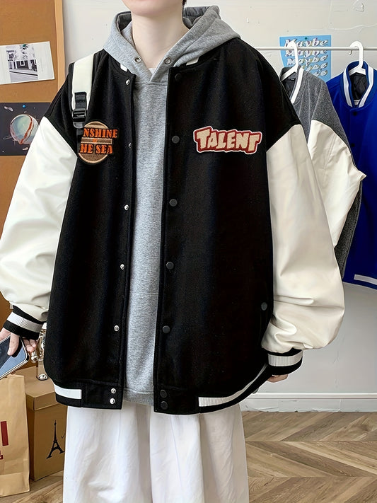 Talent Embroidery Varsity Jacket Men's Casual Block Button Up Jacket