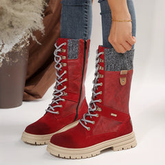 Faux Leather Snow Boots Flat Lace Up Mid Calf Winter Boots