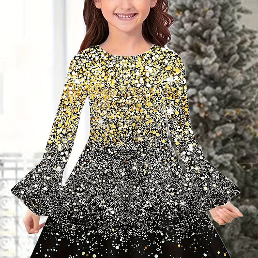 Girls Sequin Print Long Sleeve Dress Spring Fall Gift