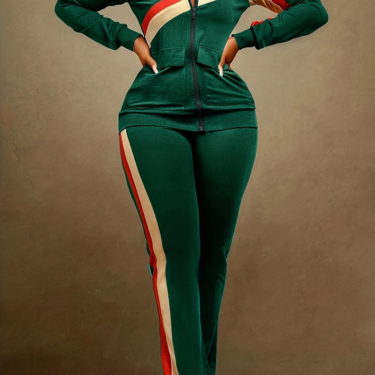 Striped Print Retro 2-Piece Set Zip-Up Jacket & Wide Leg Pants