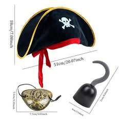 3pcs Halloween Pirate Costume Set Red Ribbon Captain & Hat Hook & Golden Mask