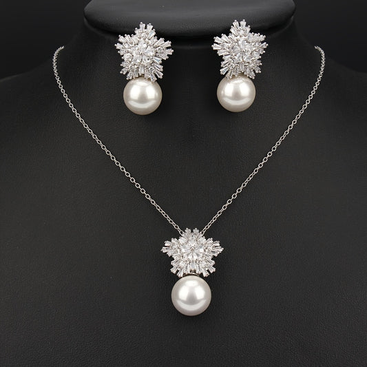 Flower Shape Faux Pearl Jewelry Set Necklace & Earrings