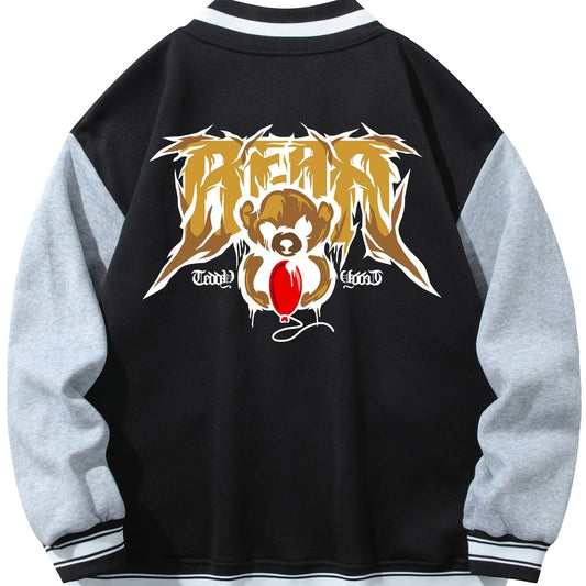 Men's Muppet Bear Print Jacket with Baseball Collar