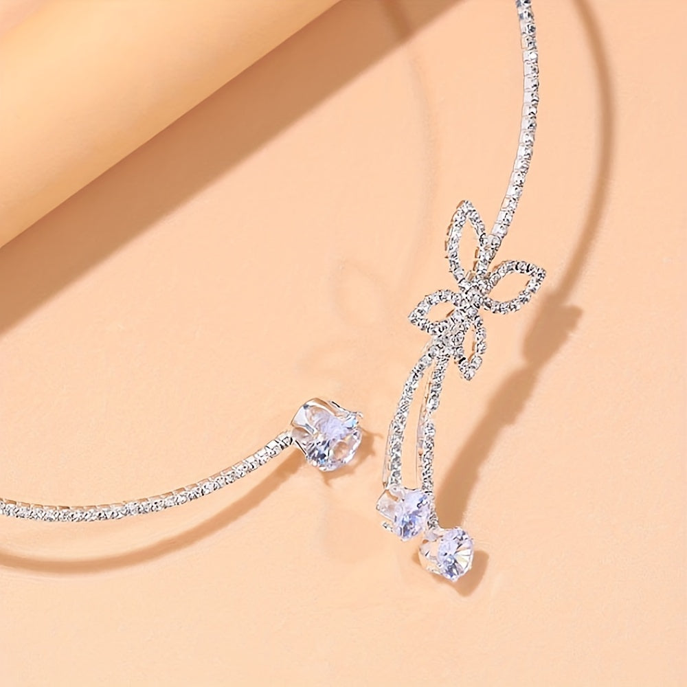 Glitter Silver Diamond Crystal Choker Butterfly Necklace
