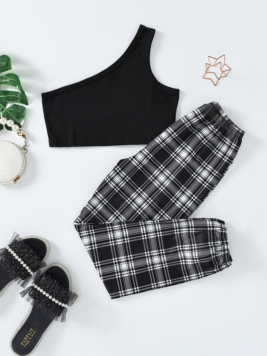 Girls Cold Shoulder Tank Top and Plaid Pants Set