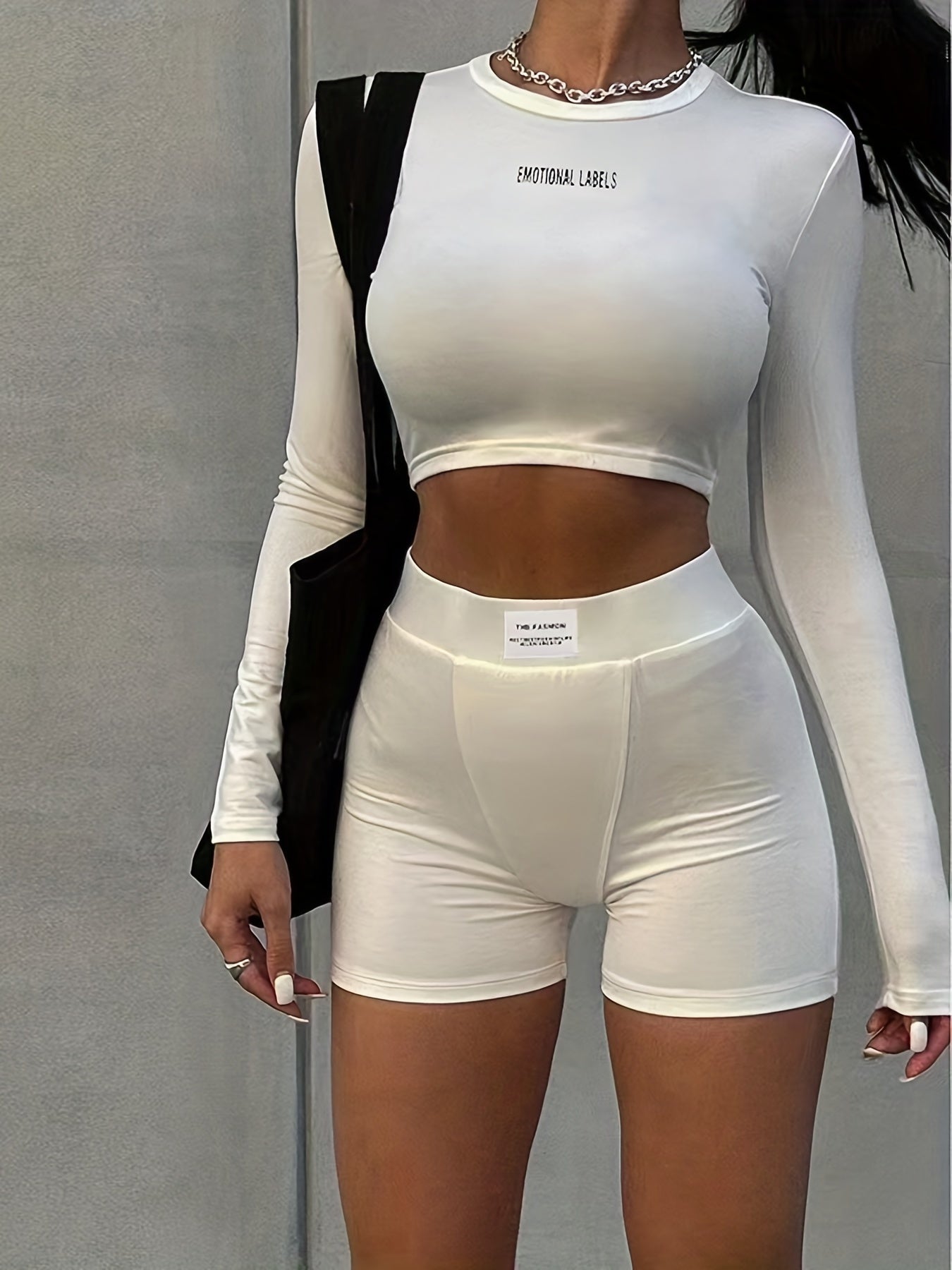 Casual Two Piece Set Crew Neck Long Sleeve Cropped Tops & Work Out Shorts