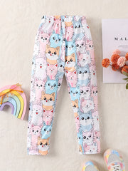 Girl's Cat Print Pants Child's Cozy Trousers