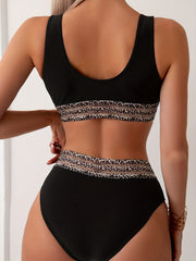 Leopard Print Mesh Band Bikini Set V Neck High Waist 2 Piece Swimsuit