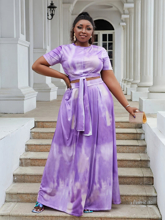 Tie Dye Print Crop Top & Maxi Skirt 2pcs Set Outfit Plus Size