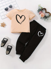 Girls Heart Print Short Sleeve T shirt & Sweatpants Set