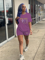 1973 Print Two-piece Set Crew Neck Tee & Slim Shorts Outfit Women's Clothing