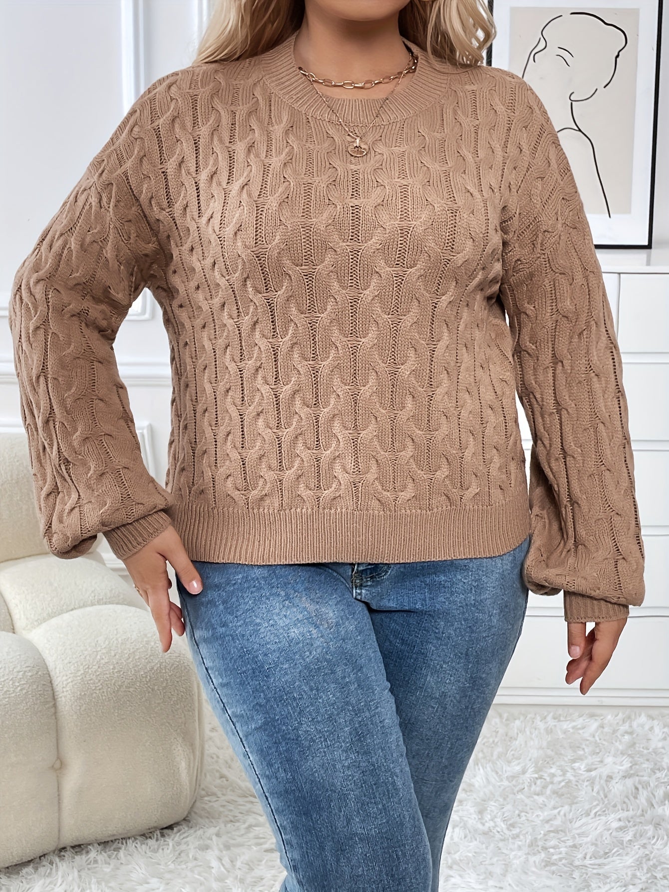  Solid Cable Lantern Sleeve Round Neck High Stretch Jumper