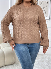  Solid Cable Lantern Sleeve Round Neck High Stretch Jumper