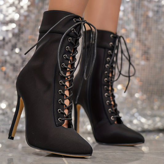 Women's Lace-Up Stiletto Ankle Boots Side Zip High Heels