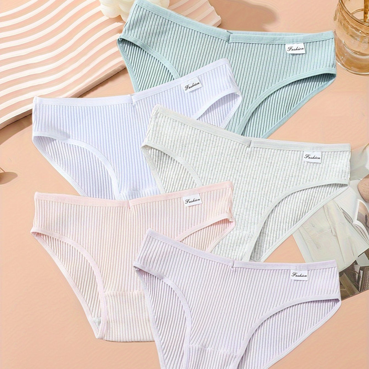 5pcs Solid Ribbed Briefs Comfy Panties Women's Lingerie