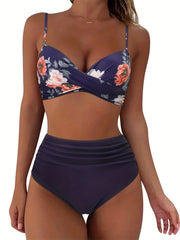 Tropical Print V Neck Bikini Set Layered High Waist Colorblock Swimsuit