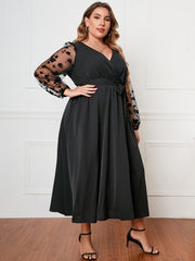 Floral Jacquard Mesh Long Sleeve Dress Plus Size Women's Dress