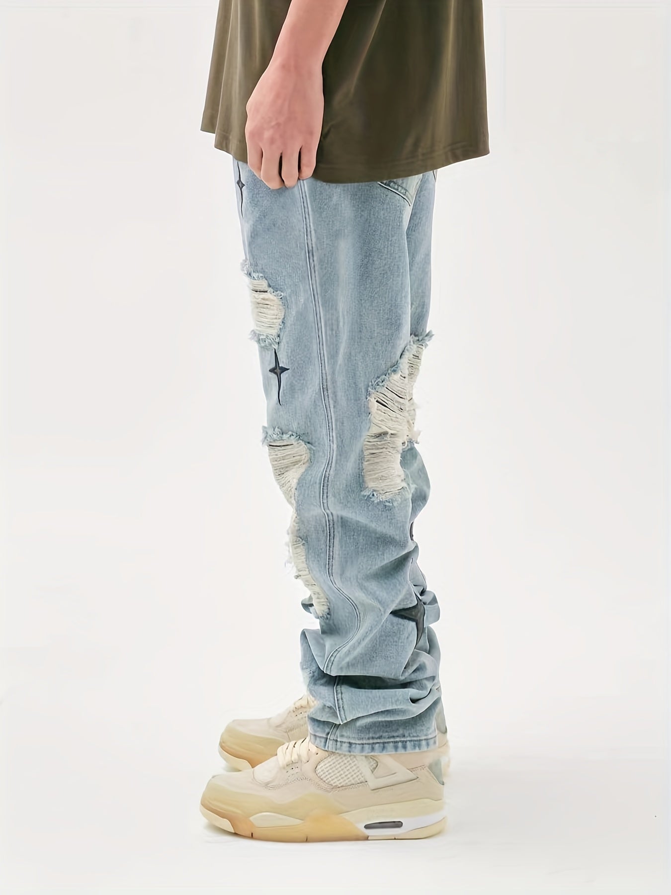 Star Pattern Ripped Jeans Men s Casual Street Style Denim Pants