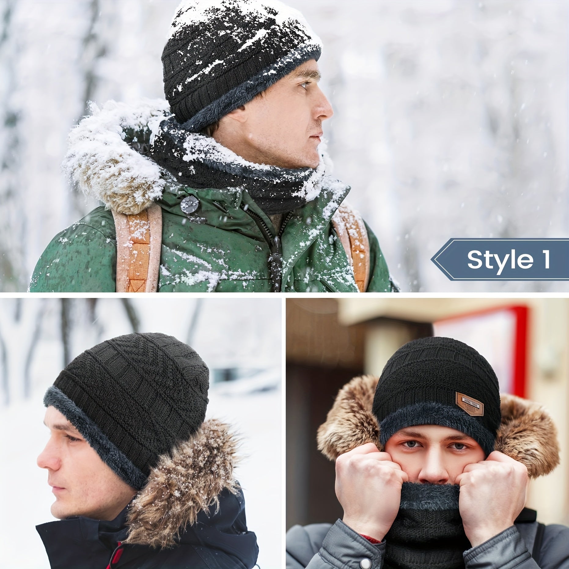 Winter Warm Beanie Hat Scarf Set Fleece Lined Cap Neck Cover