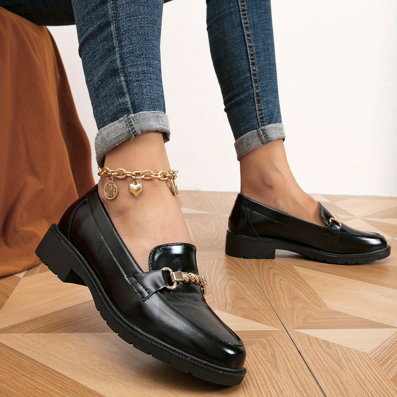 Metallic Chain Decor Loafers Slip On Low Round Toe Platform Shoes