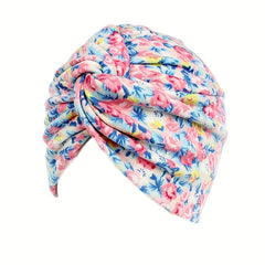 Boho Floral Print Turban Cap Elastic Beanie Knotted Pleated Head Wrap