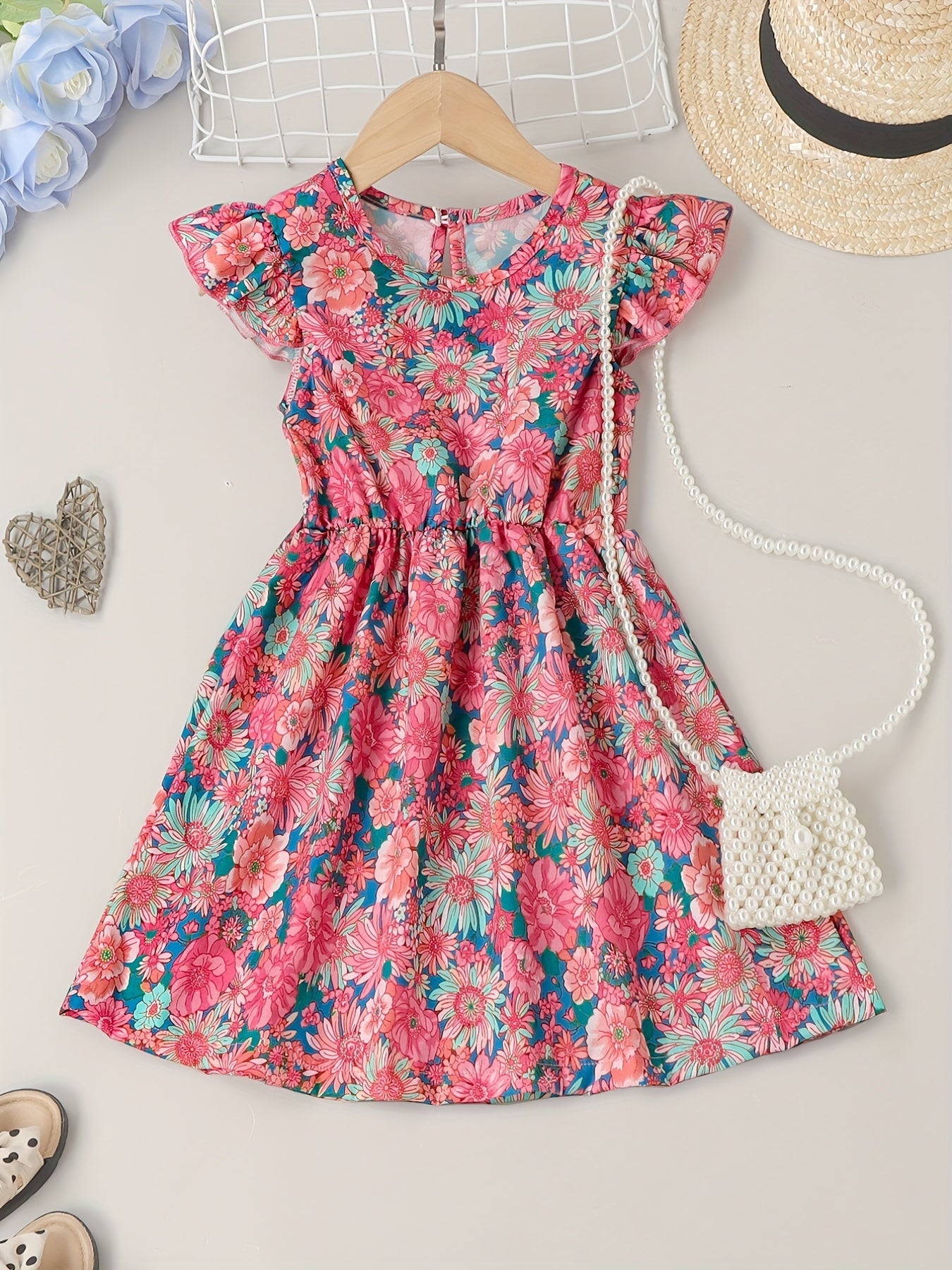 Girls Ruffle Trim Flowers Graphic Princess Dress For Party Beach Vacation