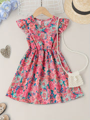 Girls Ruffle Trim Flowers Graphic Princess Dress For Party Beach Vacation
