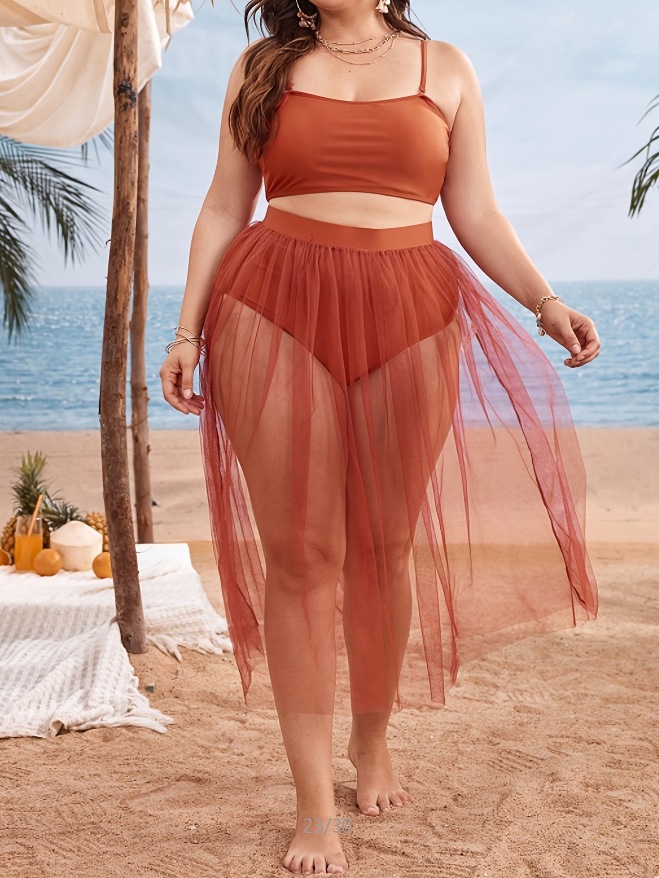  Solid Cami Top & Panties & Mesh Skirt Swimsuit Set Women's Plus