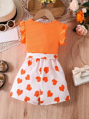 Girls Ruffle Trim Top & Heart Graphic Shorts Set