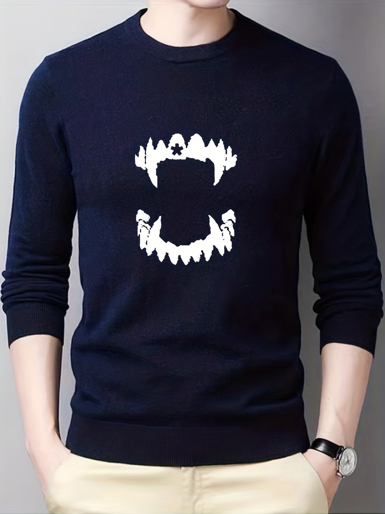 Teeth Print Knitted Sweater Men's Warm Crew Neck Pullover for Fall Winter