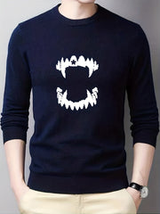 Teeth Print Knitted Sweater Men's Warm Crew Neck Pullover for Fall Winter