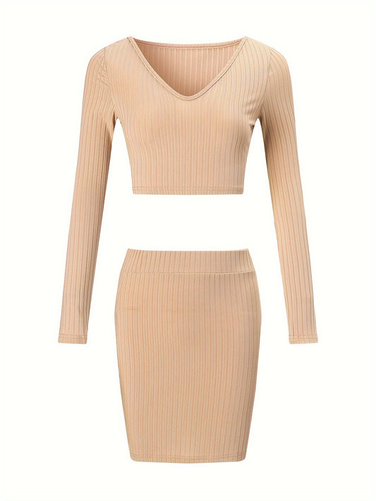 Women's Lounge Set Long Sleeve V Neck Top & Skirts Loungewear