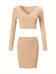 Women's Lounge Set Long Sleeve V Neck Top & Skirts Loungewear