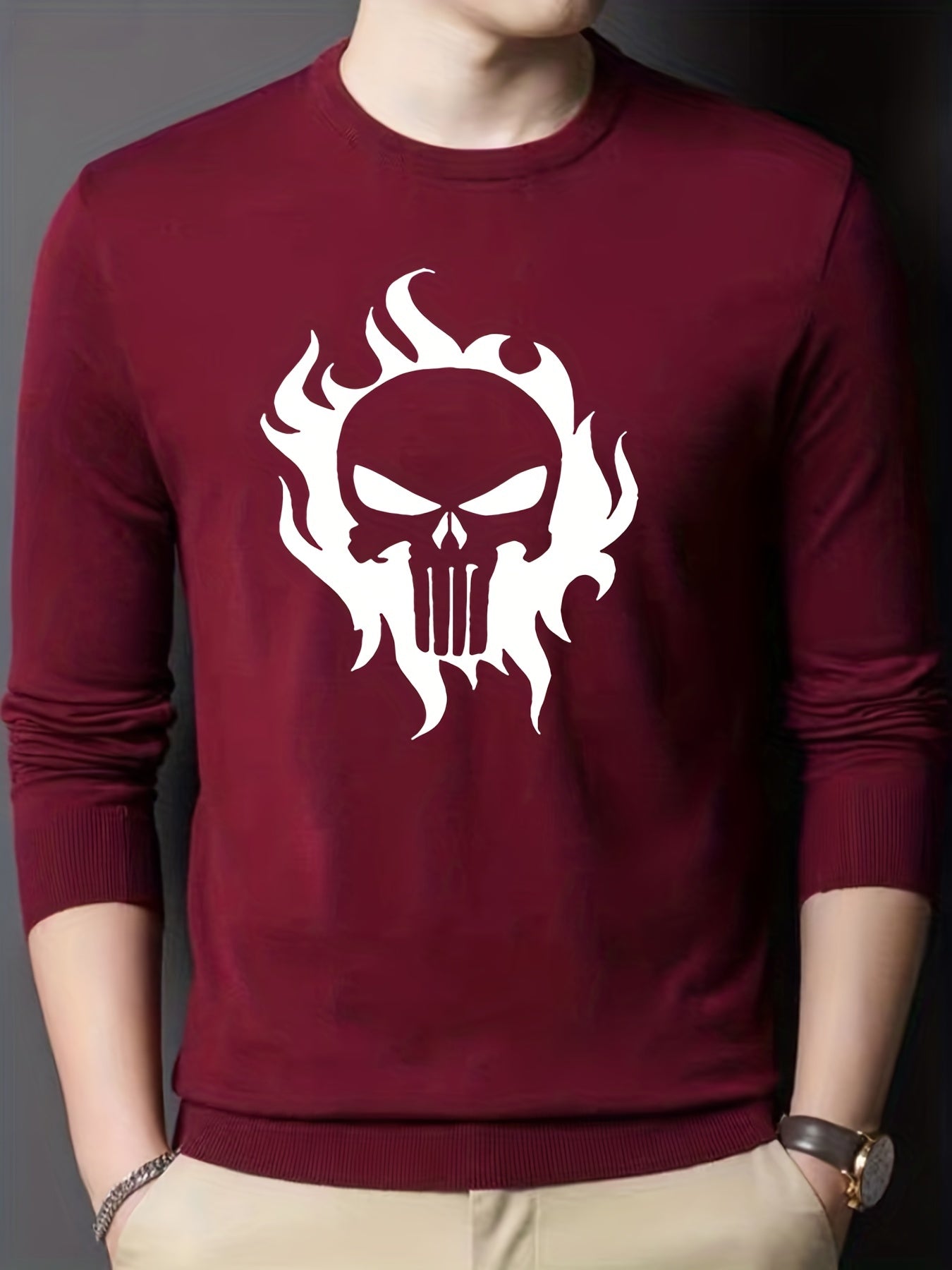 Skull In Fire Knitted Sweater Men's Warm Pullover For Fall Winter