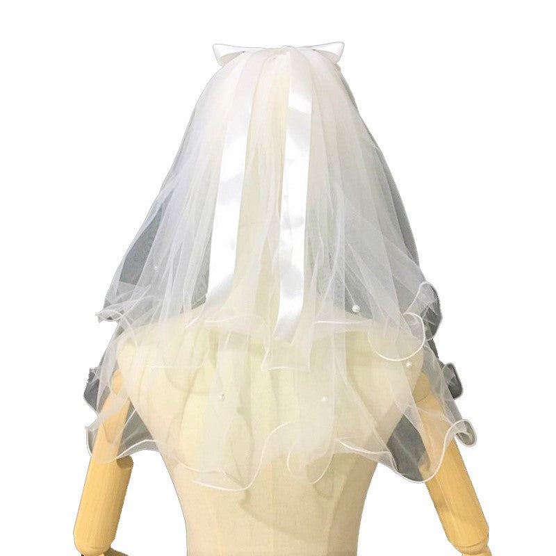 Bride's Pearl Bow Veil Head Jewelry