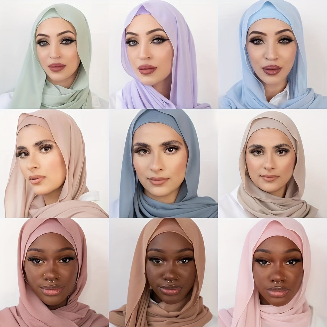 Solid Pearl Chiffon Muslim Hijab Lightweight Breathable Long Turban