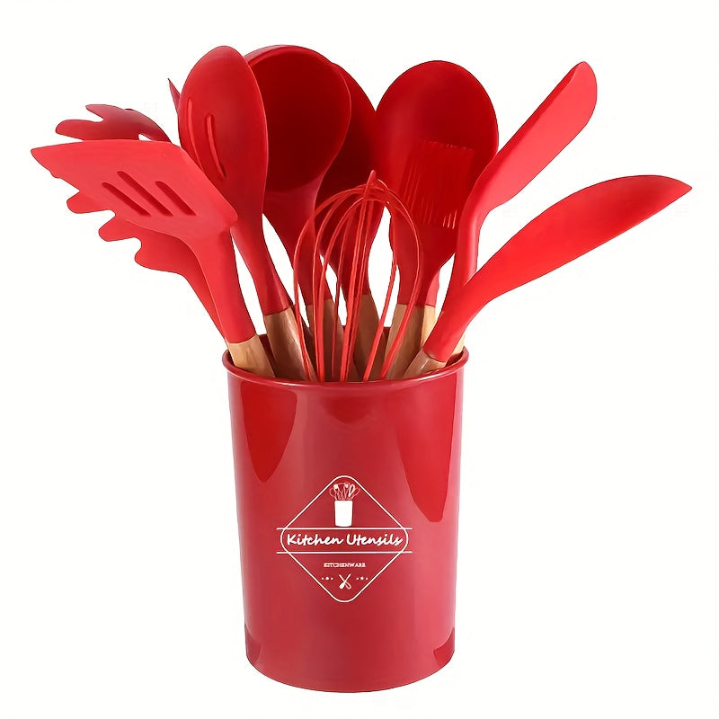 12pcs Kitchen Utensils & Organizer Bucket Silicone Cooking Tools