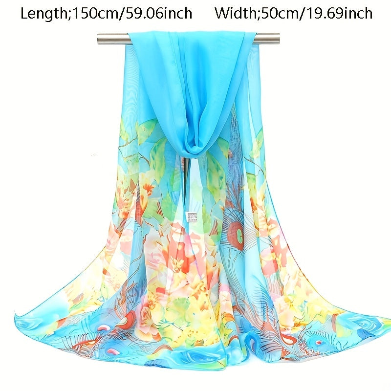 Phoenix Tail Print Chiffon Scarf Vintage Silk Thin Shawl Hijab