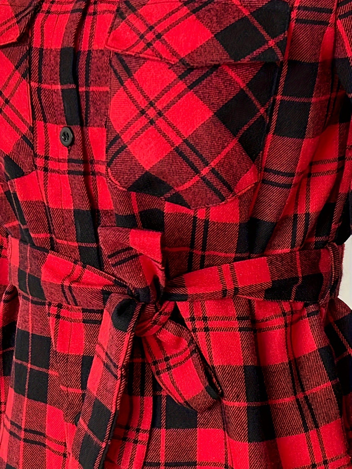  Plaid Print Button Up Long Sleeve Blouse With Belt
