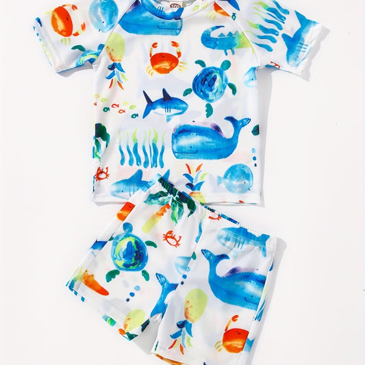Boys Cartoon Whale Crab Sea Turtle Print Swimwear Set