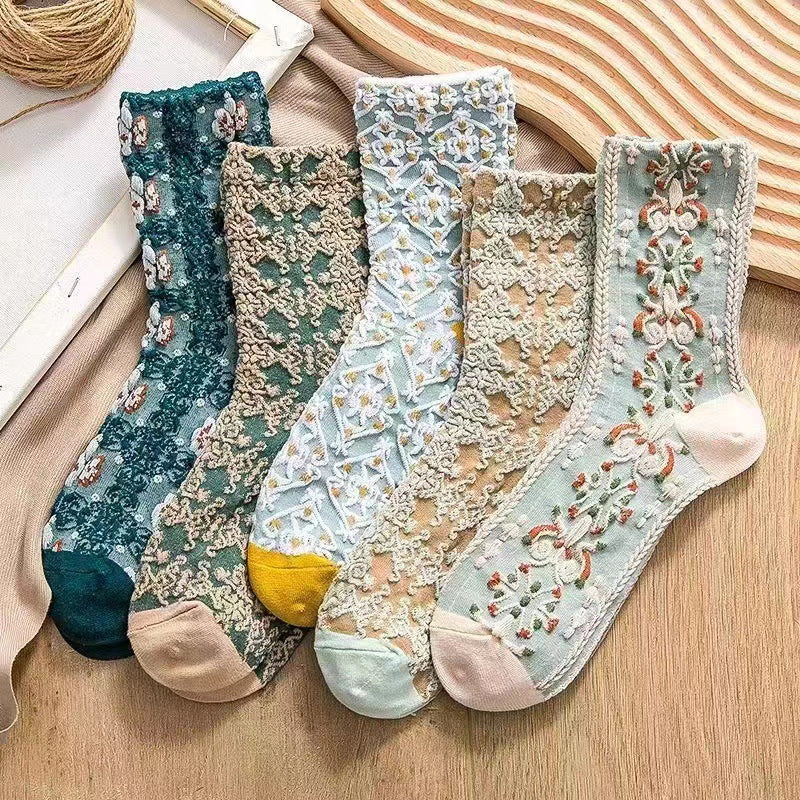5 Pairs Floral & Geometric 3D Textured Ankle Socks Set