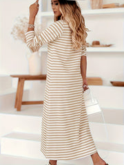  Stripe Print Long Sleeve V Neck Maxi Dress