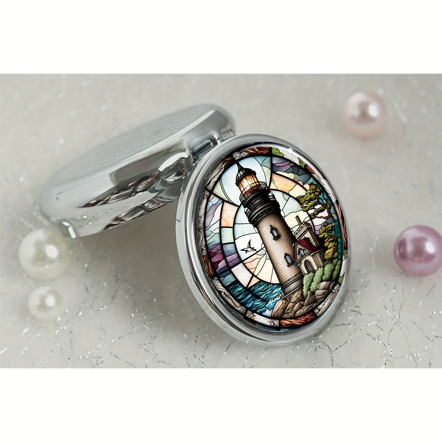 Lighthouse Round Pill Box 3 Compartment Mini Decorative Travel Pill Case